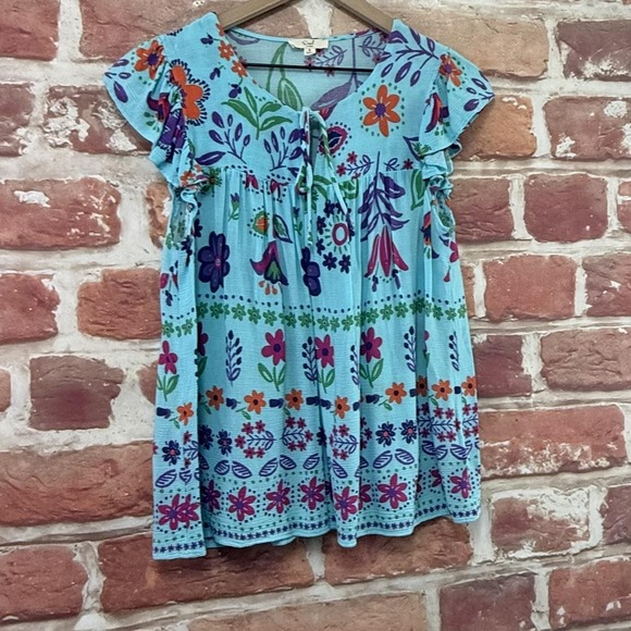 Easel Babydoll Top Women's S Blue Boho Floral Ruffle Sleeve Casual Shirt - Picture 2 of 8